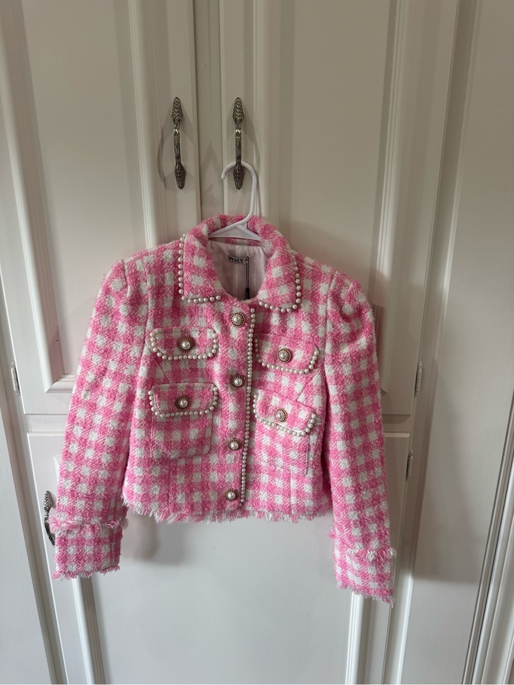 Women's Pink Tweed Pearl-Trim Jacket